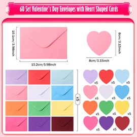 MixTeach 60 Set Valentine's Day Cards with Envelopes Heart Shaped Greeting Cards Valentine Envelopes Blank Heart Paper Cutouts for Valentine's Day Anniversary Business Classroom Exchange, 12 Colors