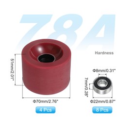 PATIKIL 70mm Skateboard Wheels 1 Set 78A Hardness Street Wheels PU Cruiser Wheels with 608RS Bearings for Skateboards Replacement, Frosted Dark Red
