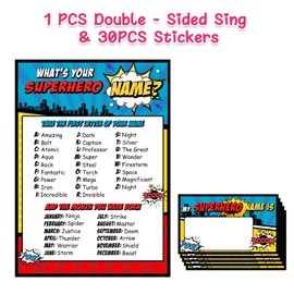 What is Your Superhero Name Game, Game Sign and 30 Cards, Super Hero Birthday Party Sign for Boys, Holiday Activity, Kids Superhero Activity Cards - Suministros de decoración de actividades de superhéroe