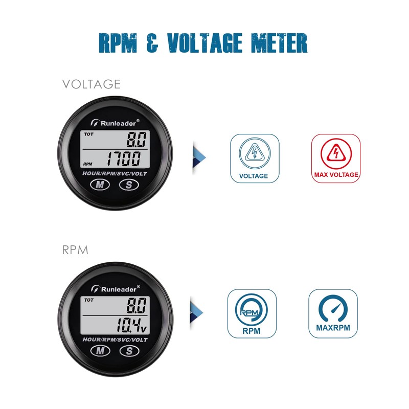Runleader Digital Tach/Hour Meter,DC8V to 65V Volt Meter Gauge,Maintenance Track,Backlights