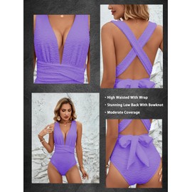 MOLYBELL Women One Piece White Swimsuits, High Waitsted Ribbed Plunge Bathing Suit for Tummy Control Monokini, Lavender, X-Large