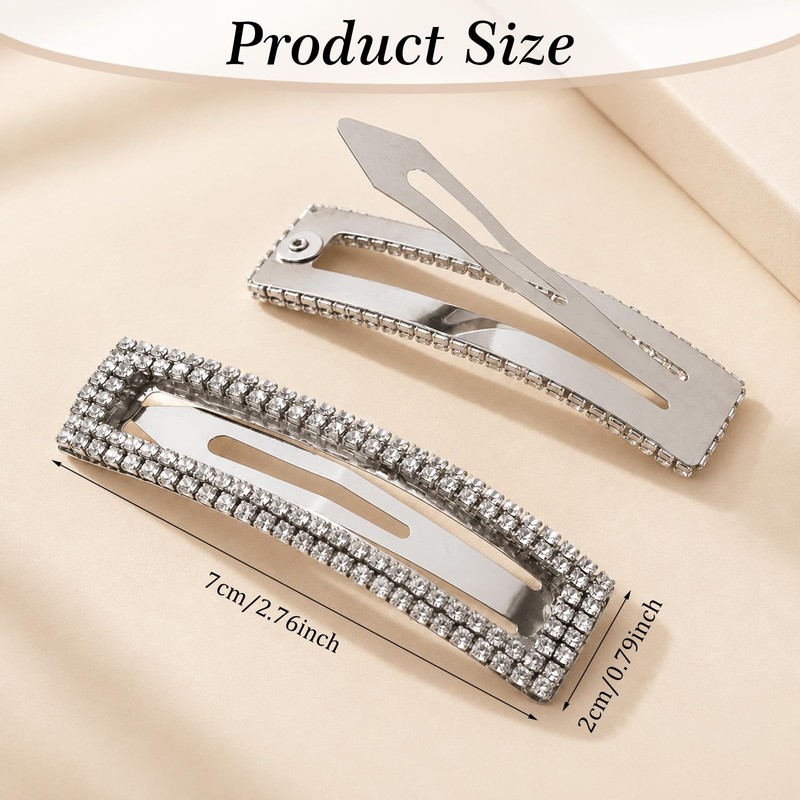 4 Pack Silver Barrettes, Rectangular Rhinestone Hair Clips