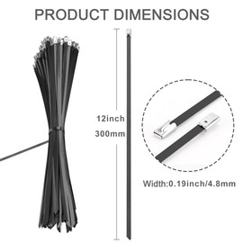 Aroono 304 Stainless Steel Cable Ties-12 inch, 400 PCS Heavy Duty Zip ties with 135 lbs Strength-Black Epoxy Resin Coating, UV-Resistant, Self-Locking Wire Ties for Indoor and Outdoor