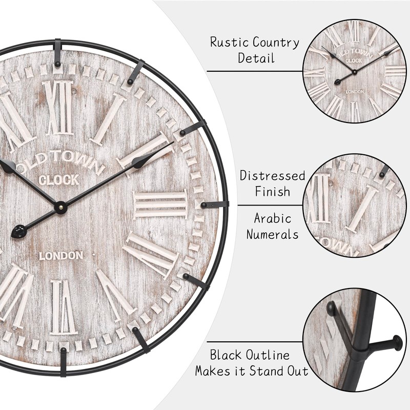 EMAX HOME 24 Inch Large Farmhouse Wall Clock, Rustic Antique