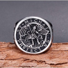 PikaLF St. Michael Ring for Men, Vintage Cross Ring, Saint Michael The Archangel Defeating Satan Figurine Amulet Ring, Religious Ring, Punk Christian Faith Jewelry Gift for Men Boys (Q)