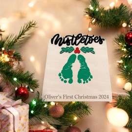 Baby First Xmas Gift, Baby's First Christmas Mistletoe Footprint Sign, Christmas DIY Crafts, Baby Memory Keepsake Gift for New Mom New Dad