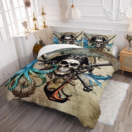 AILONEN 3D Pirate Captain Skull Comforter Set Queen Size, Octopus Dolphin Bedding Set for Kids Boys Girls,Nautical Theme Bed in a Bag Duvet Set,1 Quilt and 2 Pillowcases,3PCS