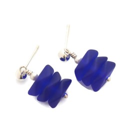 Dark navy cobalt royal blue sea beach glass sterling silver dangle stud post earrings (blue dangle)