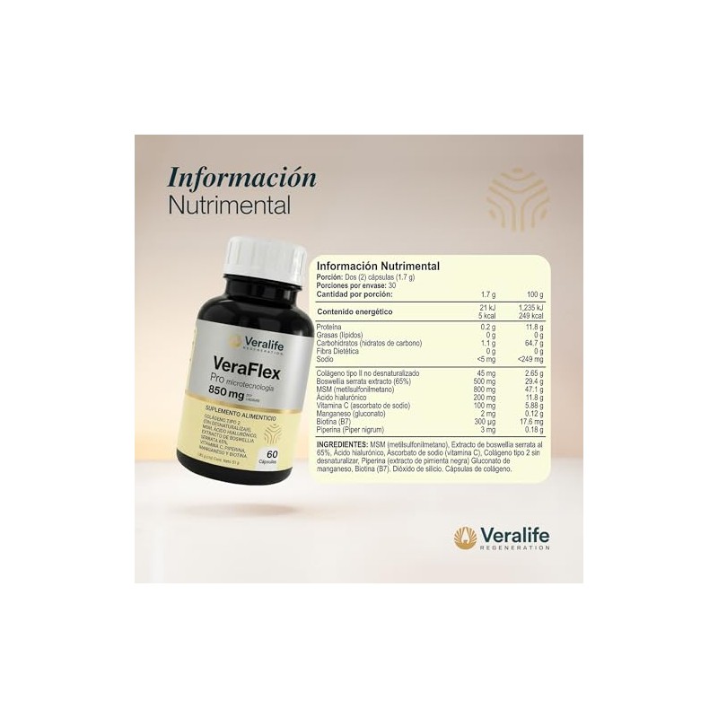 Veraflex Colágeno Tipo Msm Ácido Hialurónico Boswellia Vitamina Suplemento Cápsulas