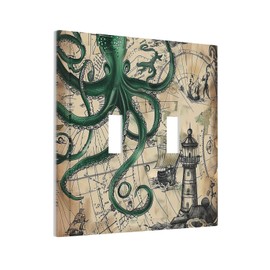 Nadoabtm Decorative Switch Plates Vintage Green Nautical Octopus Funny Ocean Kraken 2 Gang Double Toggle Outlet Light Switch Cover Wall Plate Electrical Faceplate for Kids room Bathroom Decor