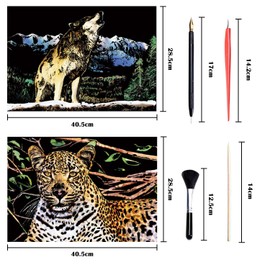 Georgie Porgy Scratch Art Paper Set DIY Arts Craft Kits for Kids Adults Magic Rainbow Cards Boards Christmas Birthday Present for Boys Girls (A3-Cheetah + Wolf)