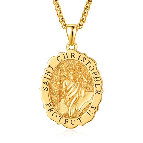 TANGPOET Sterling Silver St Christopher Necklace Womens 24K Gold Plated