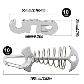 Zreneyfex Fishbone Spring Hooks with Anti-Slip BAuckles, Aluminum Alloy Tent Stakes for Outdoor Camping Windproof Tent Pegs Anchors Large Size 55mm (Silver)