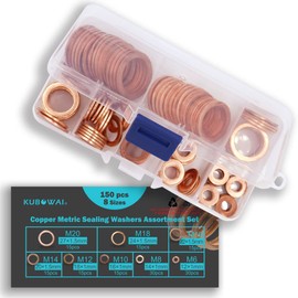 KUBOWAI 150-Piece M6-M20 Copper Seal Assortment Set, Copper Flat Seal, Sealing Copper Ring, Drain Plug Seal with Storage Box (8 Sizes)