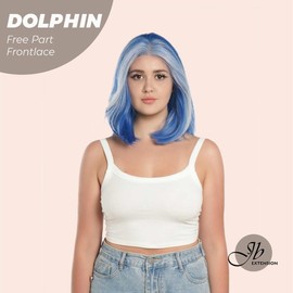 JBEXTENSION 12 Inches Bob Cut Blue With White Highlight Free Part Pre-Cut Frontlace Wig DOLPHIN - Color: Blue