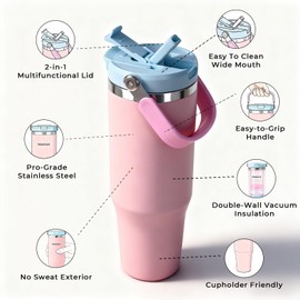 NebkDask 40 oz Insulated Stainless Steel Bottle with 2-in-1 Straw and Spout Lid, Water Bottle with Carry Handle Keep Cold 24H, Leak-Proof, Fits in Car Cup Holder, Travel, and School（Pink）