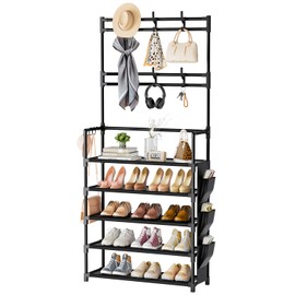 OYREL Shoe Rack 5 Tier Shoe Organizer Storage 15-20 Pairs Shoes Rack for Closet Entrance Shoe Rack Organizer with Hooks and Side Pocket Entryway Shoe Holder Space Saving Free Standing Shoe Racks