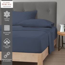 Pizuna Cotton Percale Double Fitted Sheet Dark Blue,100% Long Staple Combed CottonFitted Bed Sheets Double 140x200 cm,Percale Weave 40 cm Deep Fitted Sheets for Double Bed 1 PC Dark Blue