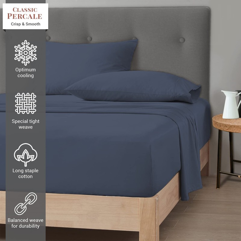 Pizuna Cotton Percale Double Fitted Sheet Dark Blue,100% Long Staple