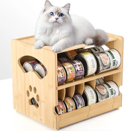 HOSASSPER Upgraded Bamboo Cat Food Can Organizer - FIFO Pantry Storage Rack, Holds 42 (3oz) Cans, Stackable Pet Food Can Organizer for Kitchen Pantry (2)
