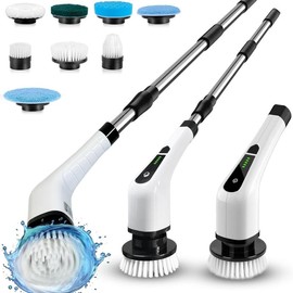 Electric Spin Scrubber with 8 Replacement Heads and Extension Arm for Effortless Cleaning of Showers, Grout, and Tile Floors