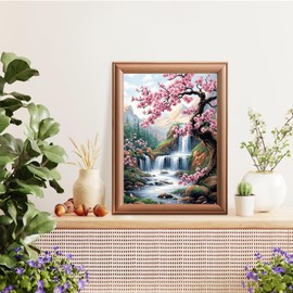 Lxmsja Cherry Blossoms Diamond Painting Kits for Adults, DIY 5D Waterfalls Diamond Art Kits for Beginners, Full Drill Peinture Diamant Arts and Crafts for Adults, Home Wall Decor 12x16 inch