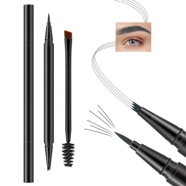 Apooliy Waterproof Eyebrow Pen, 4-Fork Microblading Eyebrow Pencil, 2-in-1 Eye