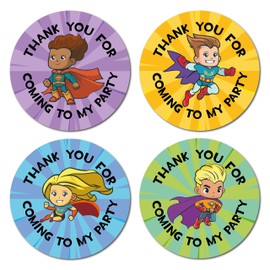 (Pack of 48) 40mm Superhero Thank You for Coming to My Party Round Stickers for Party Bags & Sweet Cone