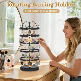MODOWEY Rotating Earring Holder Organizer Stand, 5 Tier Metal Tree Display for Women Vendors, 220 Holes Adjustable Jewelry rack for Stud Hoop Dangle Storage, Trendy Carousel Keeps Dresser Neat, Black