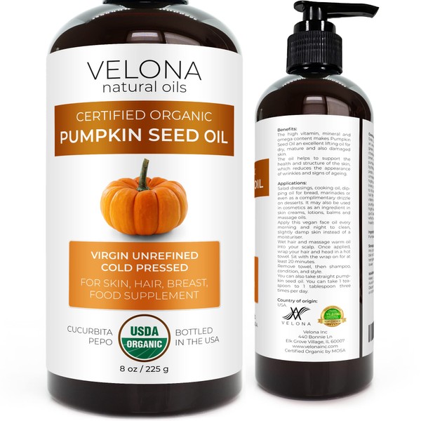 velona Pumpkin Seed Oil USDA Certified Organic - 8 oz | 100% Pure and Natural Carrier Oil | Unrefined, Cold Pressed