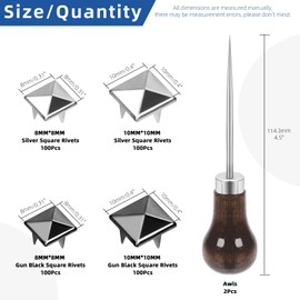 Glarks 402Pcs 10mm 8mm Square Rivets Set Gun Black and Sliver Four-Jaw Rivets Square Pyramid Studs with 2Pcs Straight Tipped Scratch Awl for Handicraft DIY Punk Spikes Spots Studs Accessories