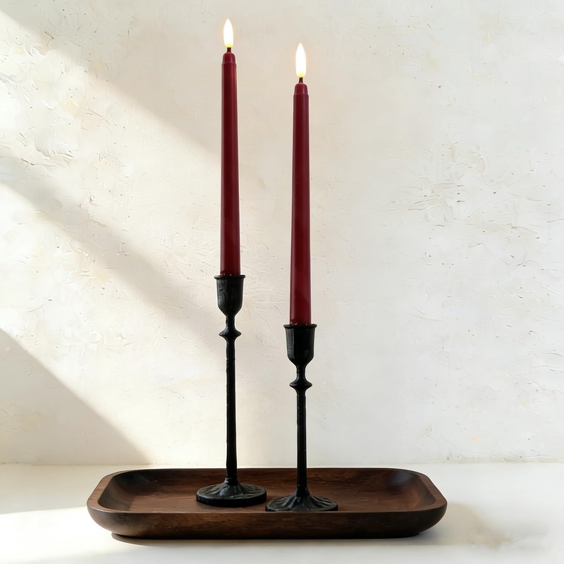 Burgundy Flameless Taper Candles with Remote, LED Candlesticks Set of