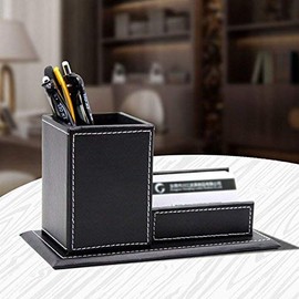 Leather Pen Pot Pen Cup Black Desk Pen Pencil Holder and Business Cards Holder Stand Display Tidy Organiser Desktop Storage Box Case with Anti-Slip Base Business Office Supplies
