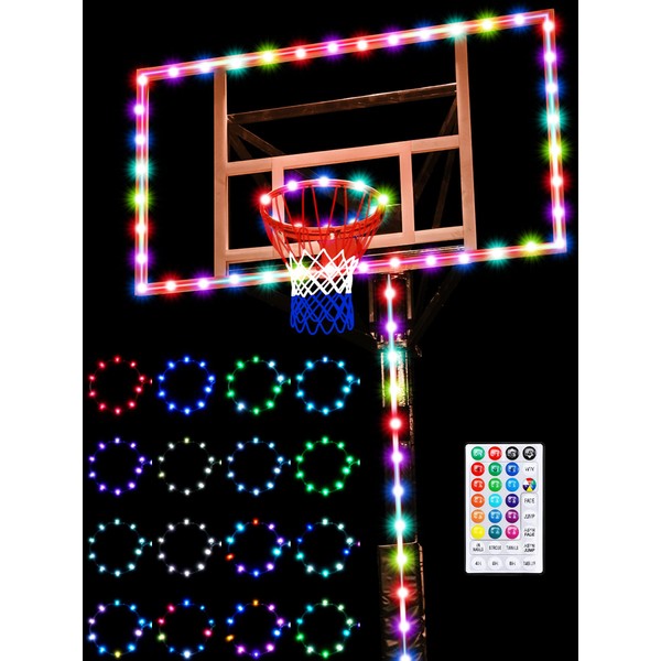 Basketball Hoop 16 Colors Led Light Set, Glow in The Dark Basketball Net Basketball Rim LED Light, Luminous Outdoor Nylon Hoop Net and Remote Control for Sports (Red, White, Blue)