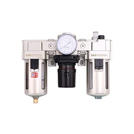 SNS 1/2" NPT Compressed Air Filter Regulator Lubricator Three Unit Combo FRL Water/Oil Trap Separator, Semi-auto Drain, 5 Micron Brass Filter, Gauge and Bracket, Poly Bowl with Metal Guard AC4000-N04A