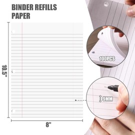 HIBOX 100 Sheets Wide Ruled Loose Leaf Paper, 8" x 10.5" White Binder Refills Paper Lined Filler Paper 3 Holes Punch for Notebook Binder Planner School Office