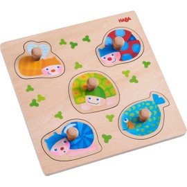 HABA 304589 Gripping Puzzle Colourful Animals, 5-Piece Wooden Puzzle with Animal Motifs and Non-Slip Wooden Buttons, Wooden Toy from 12 Months