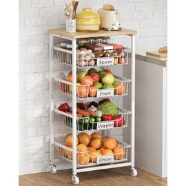 CHLORYARD Fruit Vegetable Basket for Kitchen Pantry Storage Organizer, 5-Tier Metal Utility Kitchen Rolling Cart on Wheels with Drawer Rack and Wood Top for Potatoes Onions