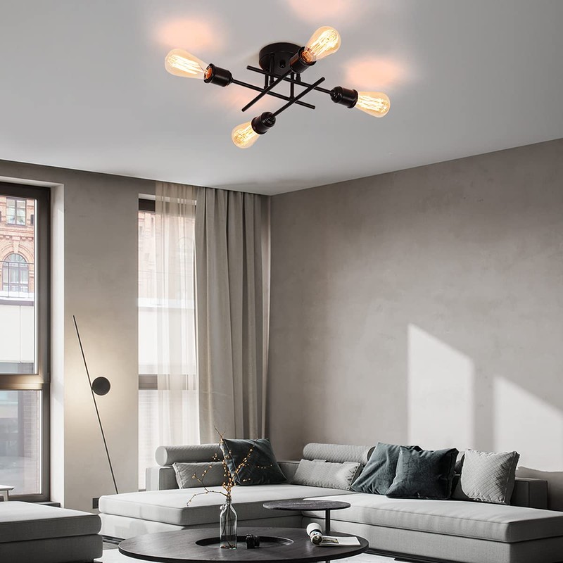 Qcyuui Industrial Semi Flush Mount Ceiling Light 4-Light Rustic Black