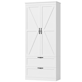 HOSTACK 70" Tall Kitchen Pantry Storage Cabinet, Barn Doors Pantry Cabinet with Drawers and Adjustable Shelf, Modern Farmhouse Storage Cabinet for Kitchen, Dining Room, Living Room, Bathroom, White