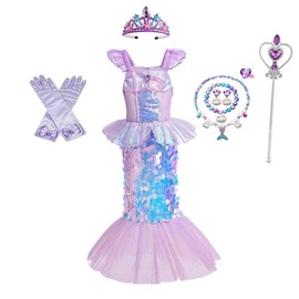 Lito Angels Little Mermaid Princess Fancy Dress Up Costume with Accessories Birthday Party Outfit for Kids Girls Age 8-9 Years, Purple