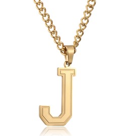 RWQIAN Large Initial Letter Necklace for Men Women,Gold Plated Stainless Steel Chain with J Alphabet Pendant,Name Capital Letter Necklaces for Sports Athletes Men Women Graduation Initial Gifts
