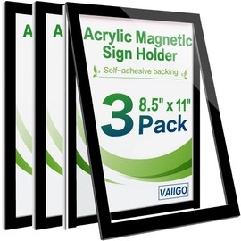 VAIIGO 8.5" x 11" Acrylic Sign Holder Wall Mount, Self-Adhesive Magnetic Display Frame with Nano Tape and Strong Magnetic Border for Wall, Door, Glass, Home, Store, Office (Black, 3Pack)