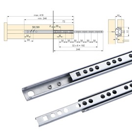 Drawer Runners Metal 246 mm - 17 mm Groove, Drawer Rail Runners, Partial Extension, Roller Extension, Ball Bearing for Furniture, Drawers, Deep (Pack of 2)