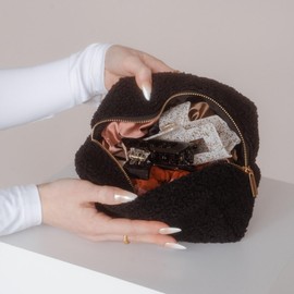 Claide Teddy Plush Cosmetic Bags in Beige, Pink, Brown and Black, black, Teddy plush fabric cosmetic bag