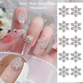 Christmas Snowflake Nails Charms 3D Silver Alloy Snowflake Nail Art Charms Shiny Rhinestones Metal Nail Gems Winter Snowflake Christmas Nail Art Supplies for Women Girls Nail Decorations(10Pcs)