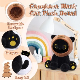 Hagusahuo Capybara Cat Stuffed Animal, 8inch Black Cat Plush Wear Capybara Hat, Anime Kitten Plushies Kawaii Huggable Gift for Kids Boys Girls,Girlfriends Christmas, Birthday Gifts