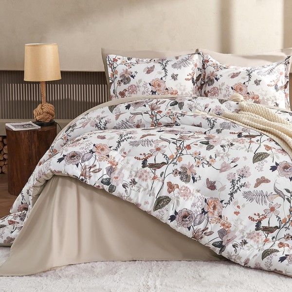 7 Piece Queen Comforter Set, Dusty Pink Butterfly Floral Comforter