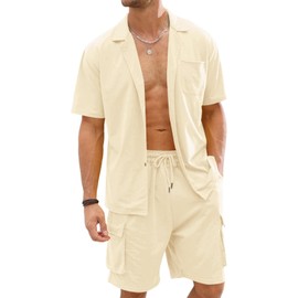 Fastkoala Mens Short Sets Tracksuits Suits Sweatsuits Full Open Button Lapel Shirt & Overalls Shorts Activewear 2 Pcs Khaki L