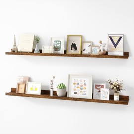 Acovy Picture Ledge Shelf, Wood Long Floating Shelves for Wall, Set of 2, 48 inch Picture Ledge Shelves, Photo Ledge Nursery Book Shelves Wall Mounted for Living Room Kids' Room Bedroom, Color Brown